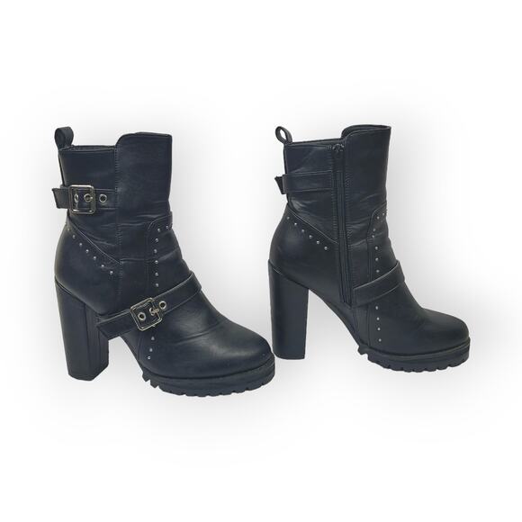 Krush Ankle Chunky Heeled Boots Black Silver Studs Size 5 Gothic Witchy Rocker - Picture 3 of 9